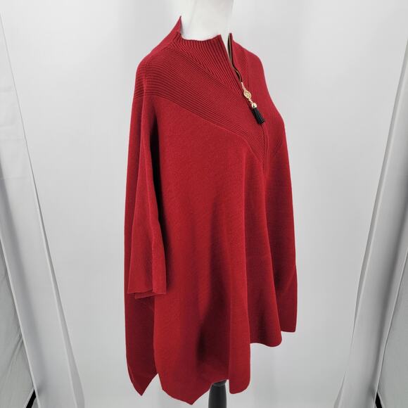 Anne Klein Poncho Womens Large Knit Red Mock Neck Half Zip Ribbed Neckline - Picture 3 of 11